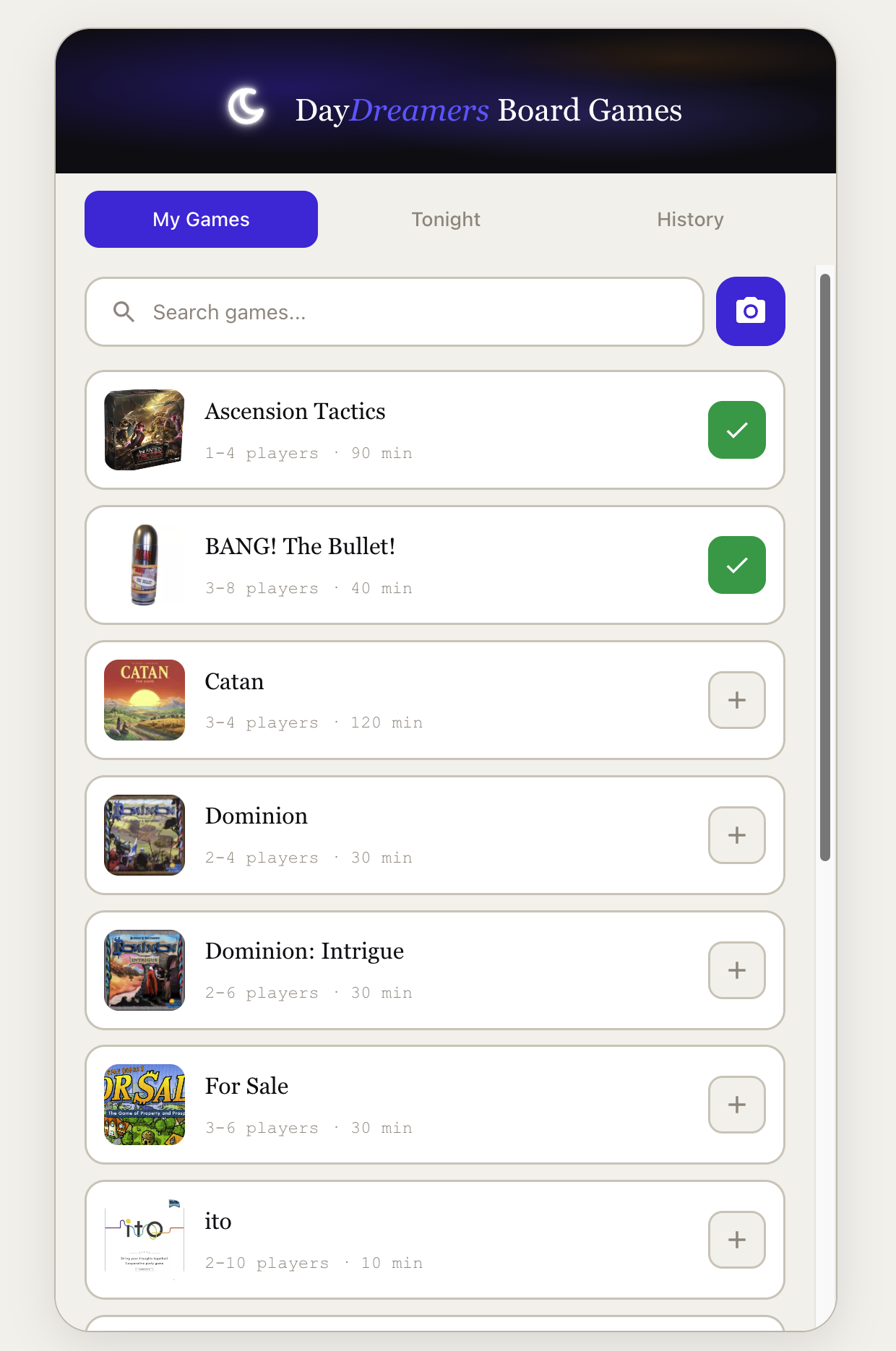 DayDreamers Board Games app