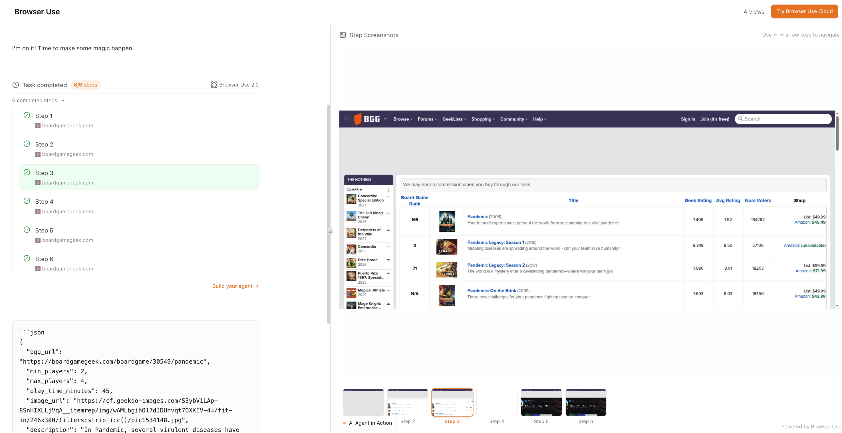 Browser Use agent scraping BoardGameGeek