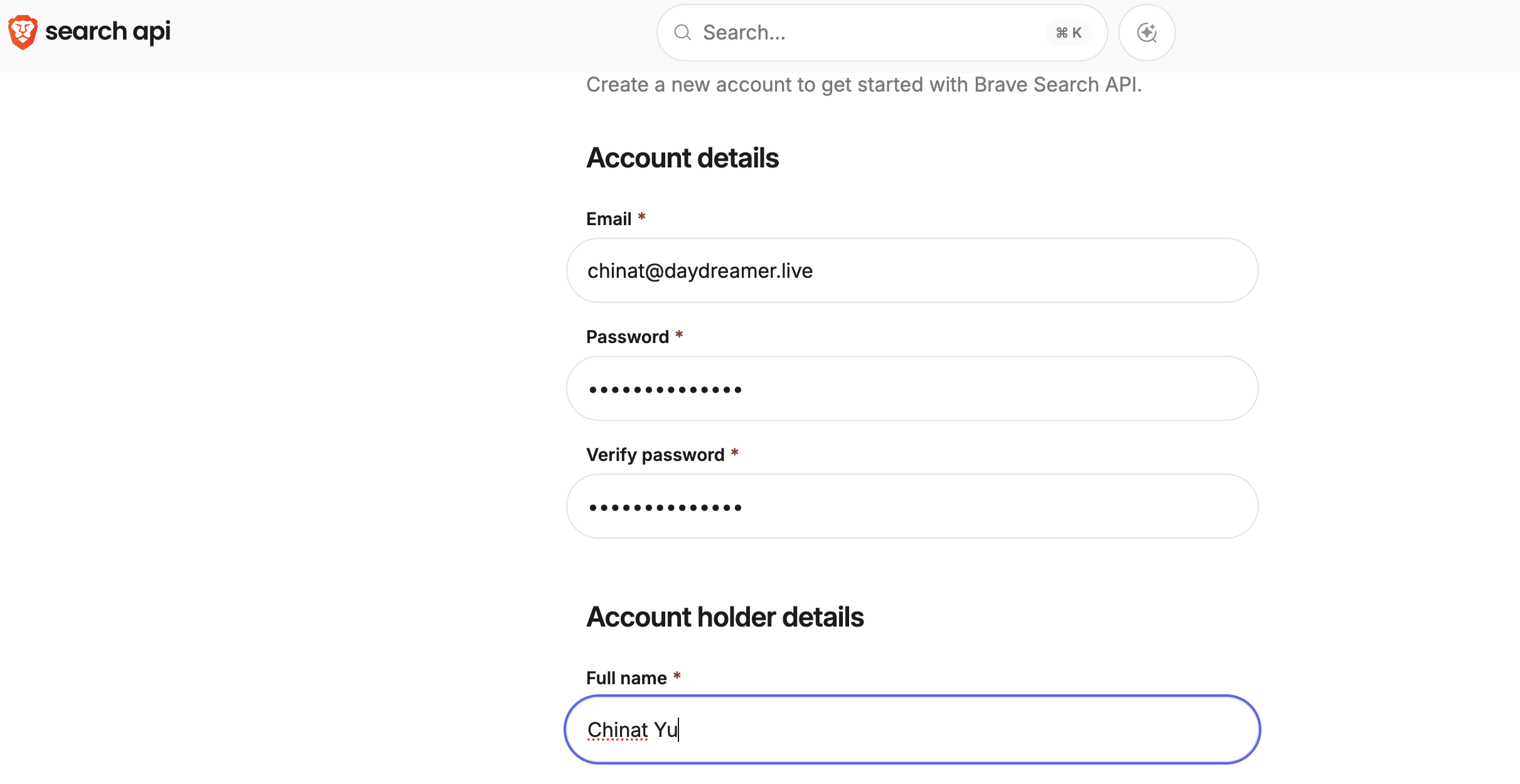 Brave Search API — create account with email and password