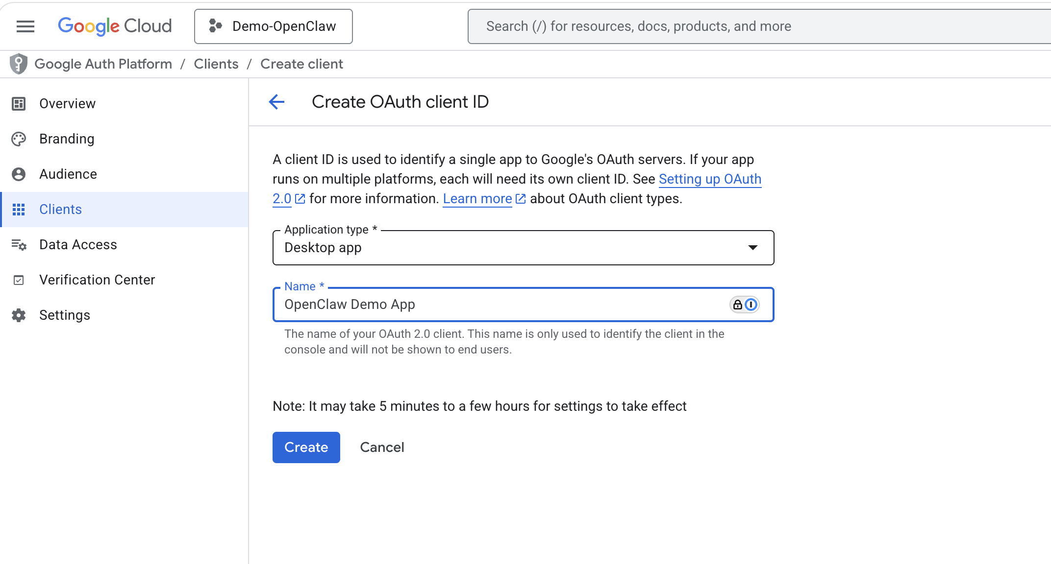 Create OAuth client — select Desktop app and name it
