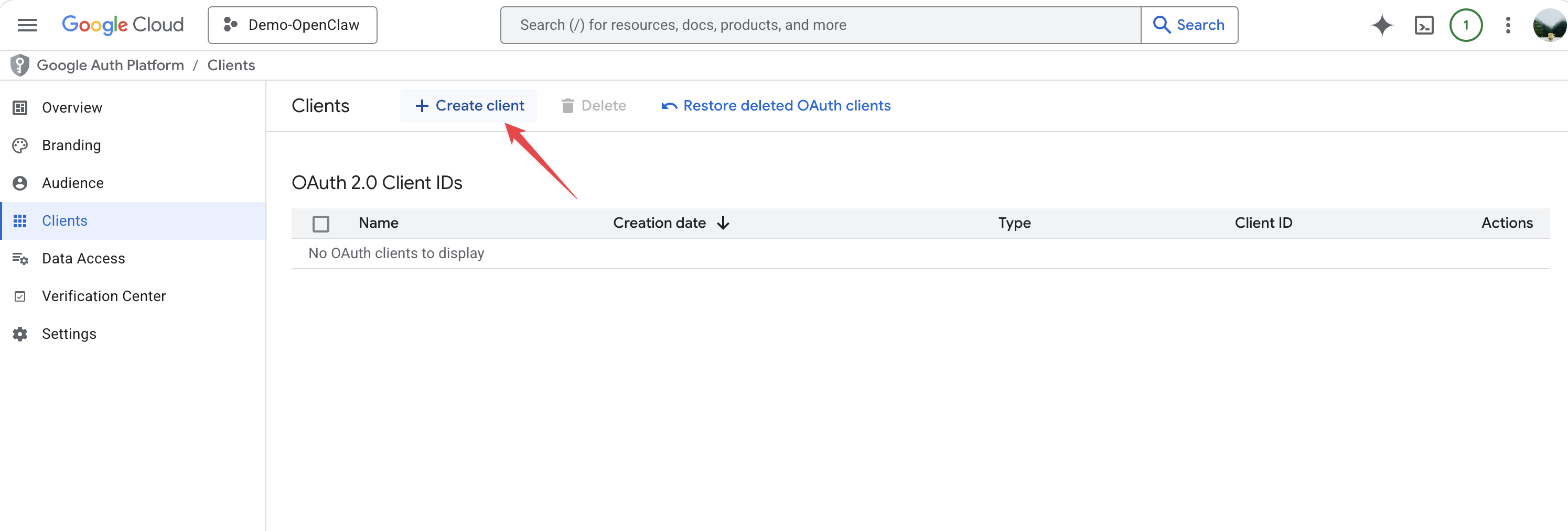 Google OAuth Clients page — click + Create client