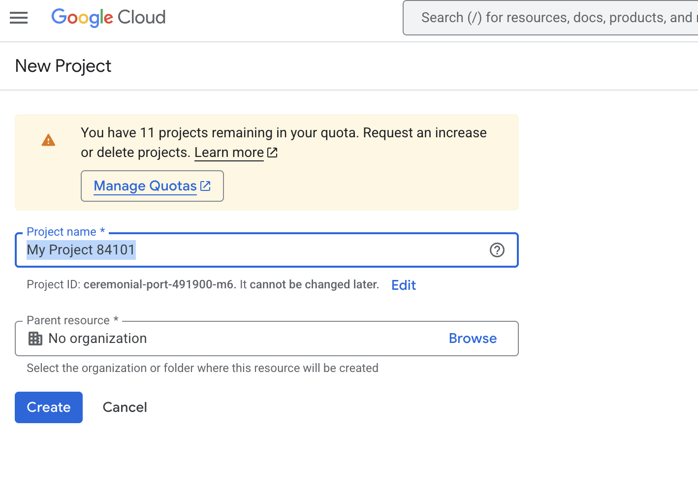 Google Cloud — New Project page