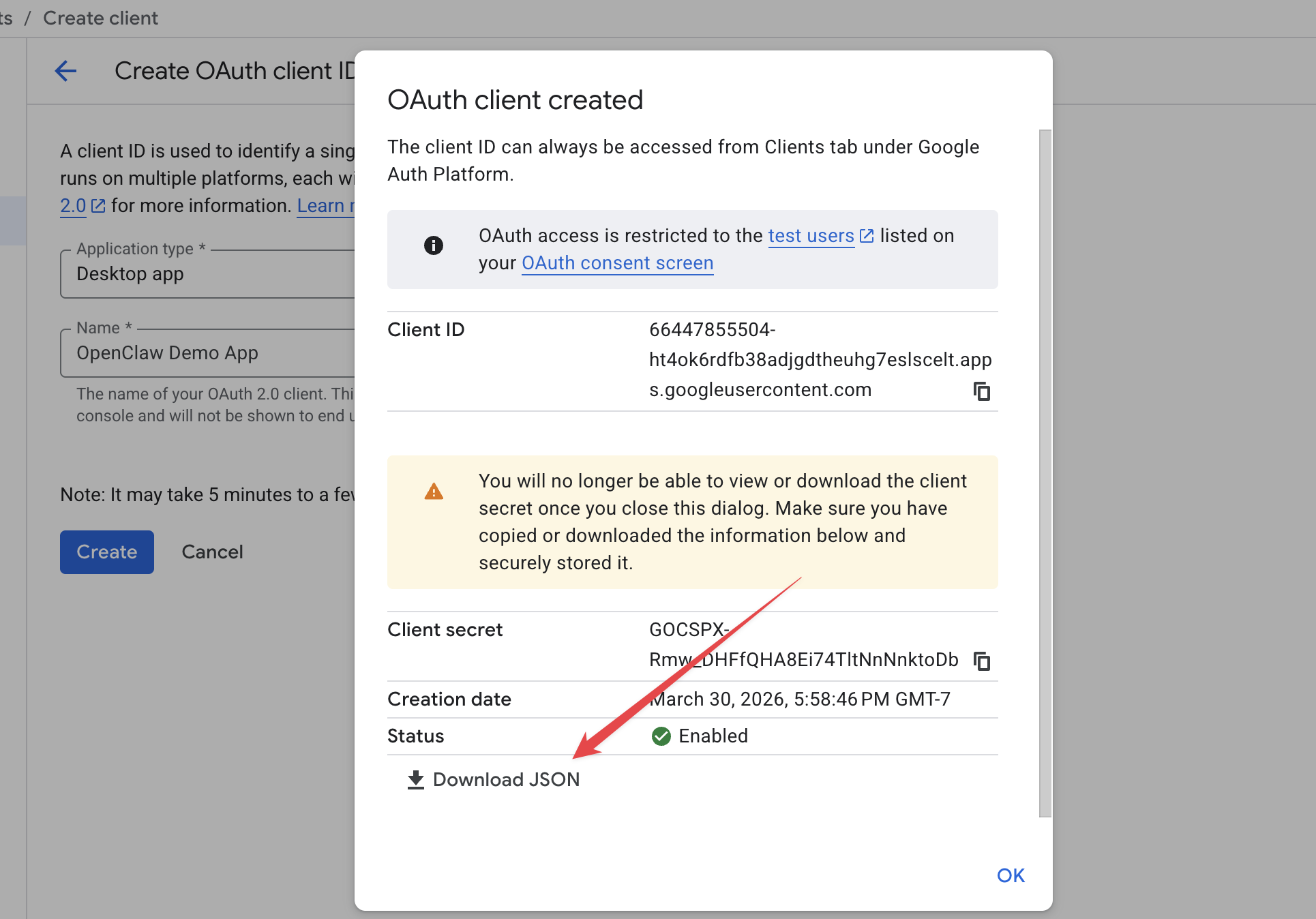 OAuth client created — click Download JSON