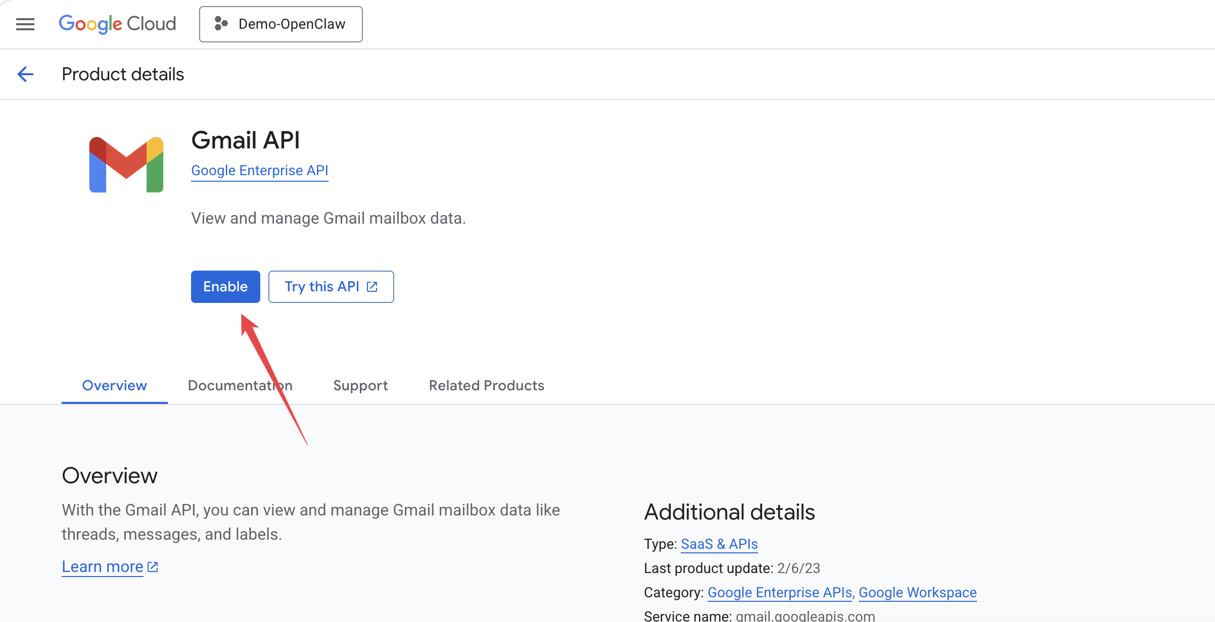 Gmail API page — click the blue Enable button