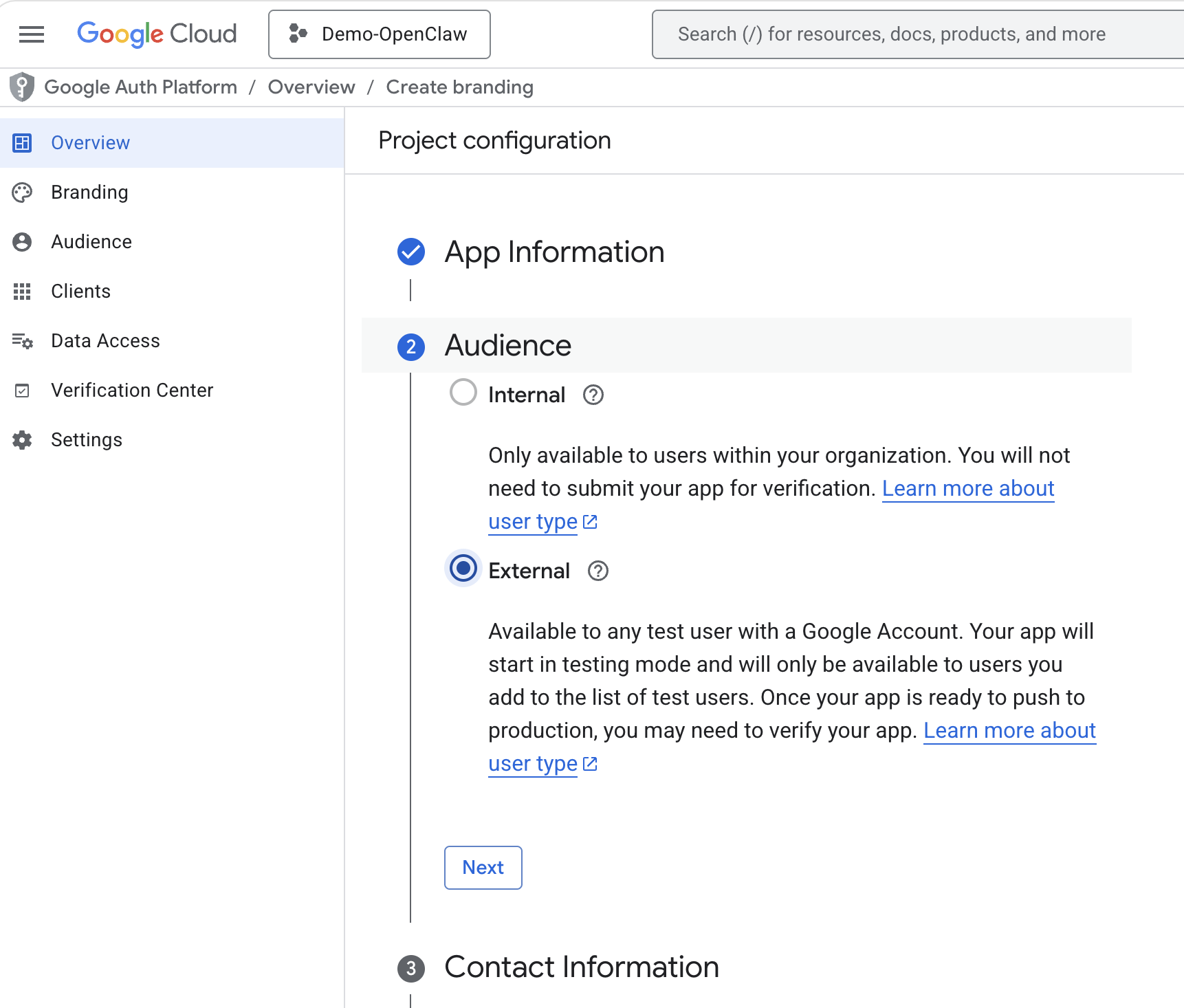 Google OAuth — select External audience type