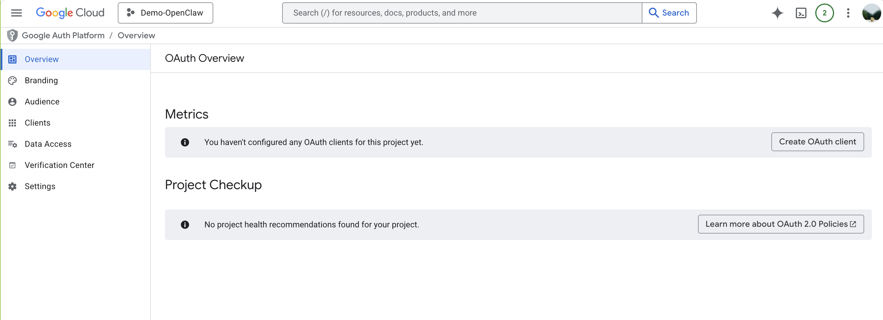 Google OAuth Overview — consent screen configured, ready to create client