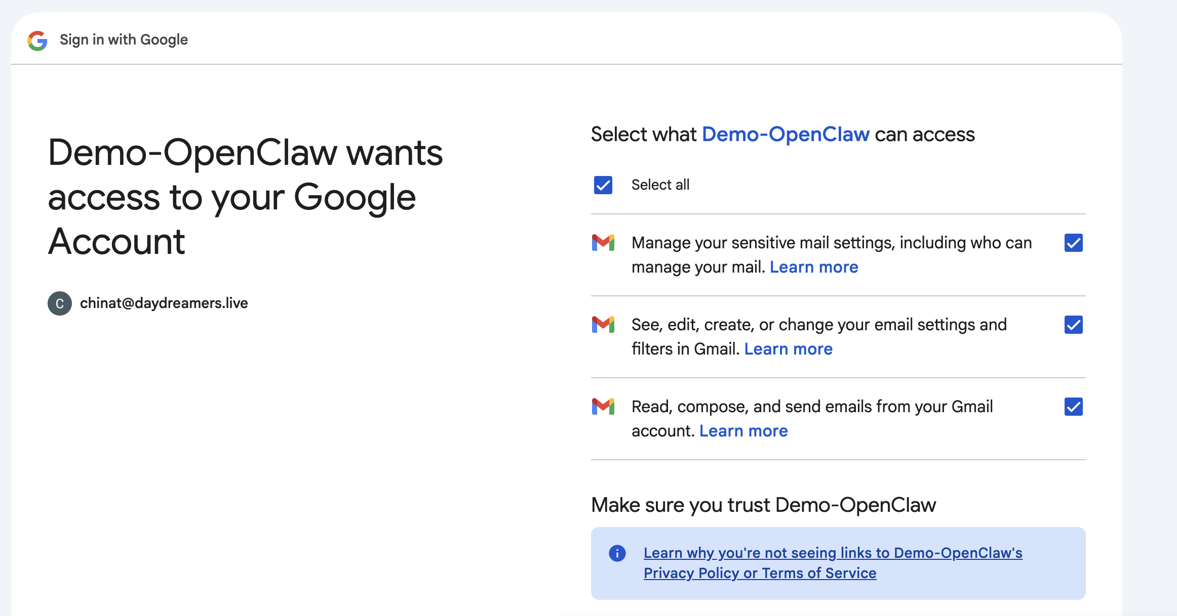 Google permissions — Select all to grant access to Gmail, Calendar, Drive, Docs