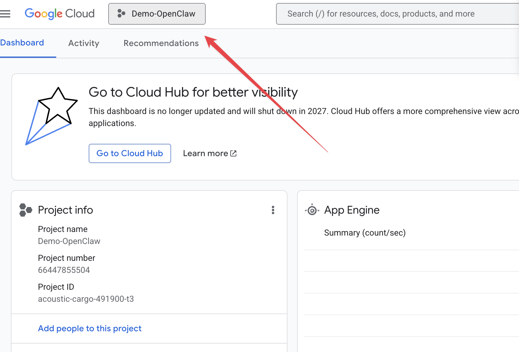 Google Cloud — verify project is selected in top bar