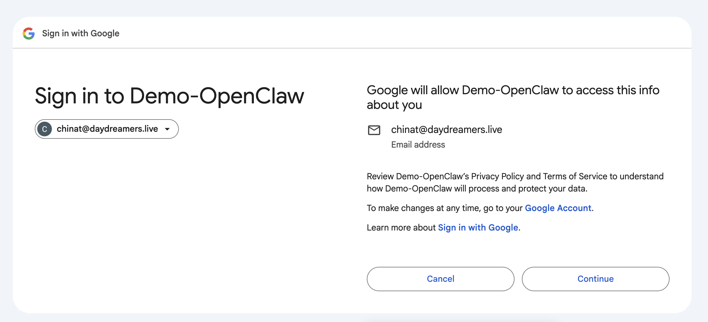 Google Sign in — click Continue to grant Demo-OpenClaw access