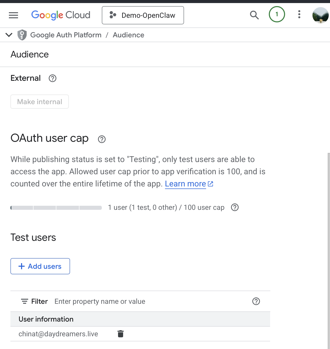 Google OAuth — add yourself as test user with your email