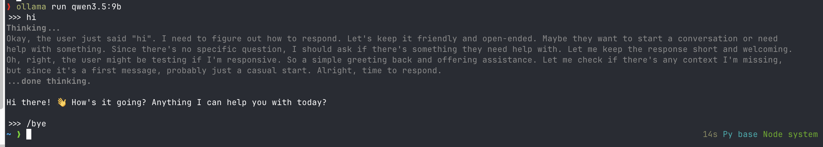 Running ollama with qwen3.5:9b — typing hi, getting a response, then /bye to exit