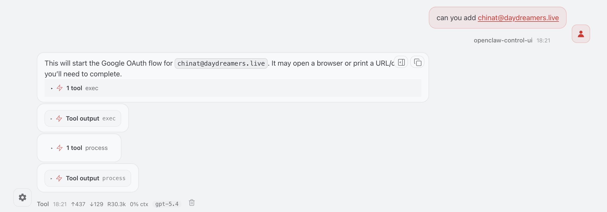 OpenClaw — adding email triggers Google OAuth sign-in flow