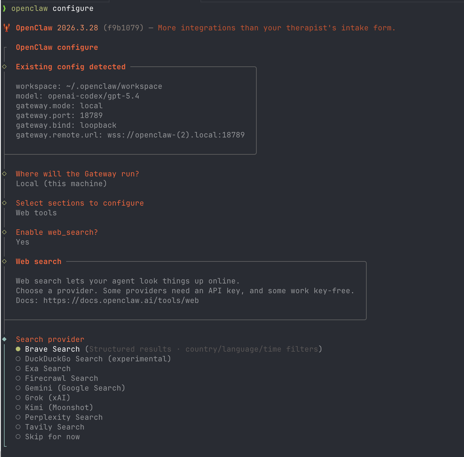 openclaw configure — select Web tools, enable web_search, choose Brave Search