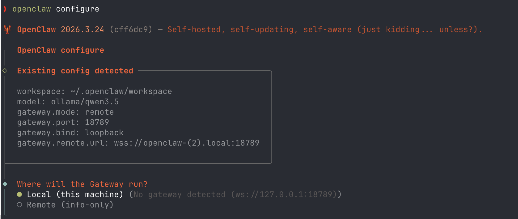 OpenClaw configure screen showing existing config and gateway options